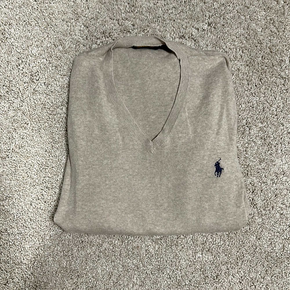 Ralph Lauren Polo V Neck Pima Cotton Sweater tan sz med
